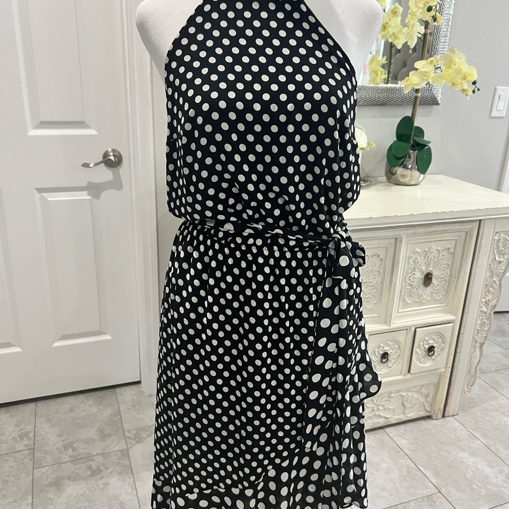 Express Black and White Polka Dot Halter Dress